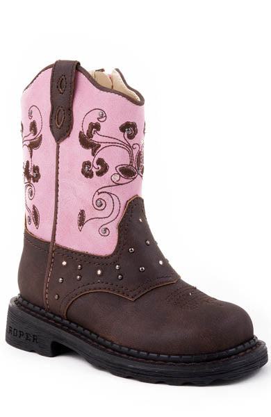 Roper Toddler Girls Western Lighted Brown Dazzle Lights Faux Leather Pink Cowboy Style 09-017-1202-0022 Girls Boots from Roper