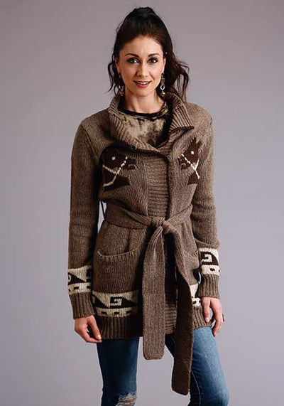 Stetson Womens Brown Horse Motif Belted Cardigan Style 11-027-0539-1056- Premium Ladies Outerwear from Roper Shop now at HAYLOFT WESTERN WEARfor Cowboy Boots, Cowboy Hats and Western Apparel