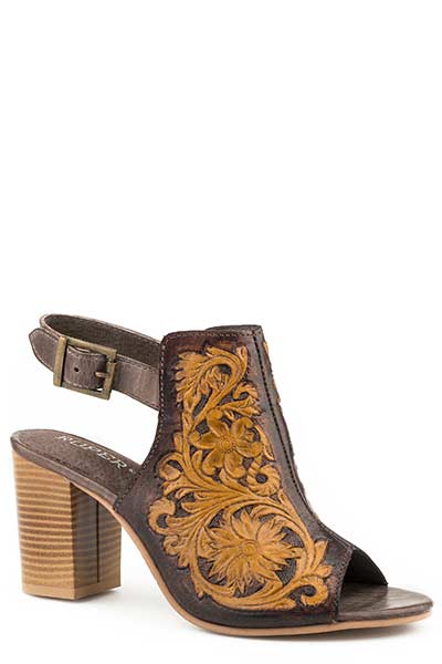 Roper Ladies Brown Tooled Open Toe Mule Sandals Style 09-021-0946-1277- Premium Ladies Casual Shoes from Roper Shop now at HAYLOFT WESTERN WEARfor Cowboy Boots, Cowboy Hats and Western Apparel