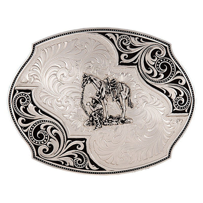 Montana Silversmith Western Lace Whisper Flourish Buckle with Cowboy and Horse Style 27310-456- Premium MENS ACCESSORIES from Montana Silversmith Shop now at HAYLOFT WESTERN WEARfor Cowboy Boots, Cowboy Hats and Western Apparel
