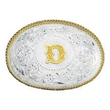 Montana Silversmith Initial Silver Engraved Gold Trim Western Belt Buckle Style 700- Premium MENS ACCESSORIES from Montana Silversmith Shop now at HAYLOFT WESTERN WEARfor Cowboy Boots, Cowboy Hats and Western Apparel