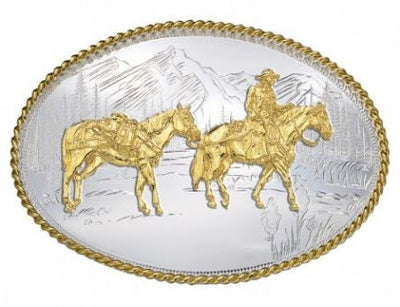 Montana Silversmith Etched Mountains Western Belt Buckle with Pack Horse and Rider Style 6250-35- Premium MENS ACCESSORIES from Montana Silversmith Shop now at HAYLOFT WESTERN WEARfor Cowboy Boots, Cowboy Hats and Western Apparel