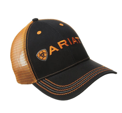 MF Western Ariat Black Orange Mesh Back Ball Cap Hat Style 15160276- Premium Mens Hats from MF Western Shop now at HAYLOFT WESTERN WEARfor Cowboy Boots, Cowboy Hats and Western Apparel