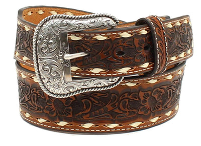 MF Western Ariat Western Mens Belt Leather Embossed Floral Whip Stitching Tan Style A1023008 MENS ACCESSORIES from MF Western