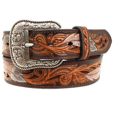 MF Western Ariat MEN'S Turquoise Multi Feather Brown Leather Scroll Belt Style A1034008 MENS ACCESSORIES from MF Western