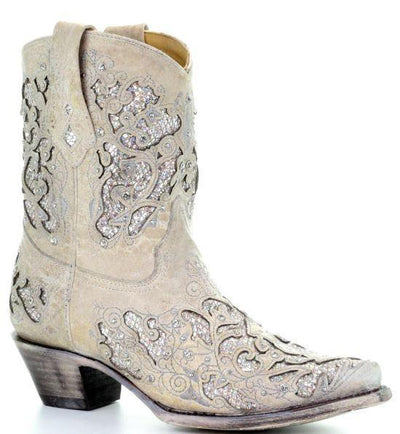 Corral Ladies White Glitter Inlay and Crystals Ankle Boot Style A3550 Ladies Boots from Corral Boots