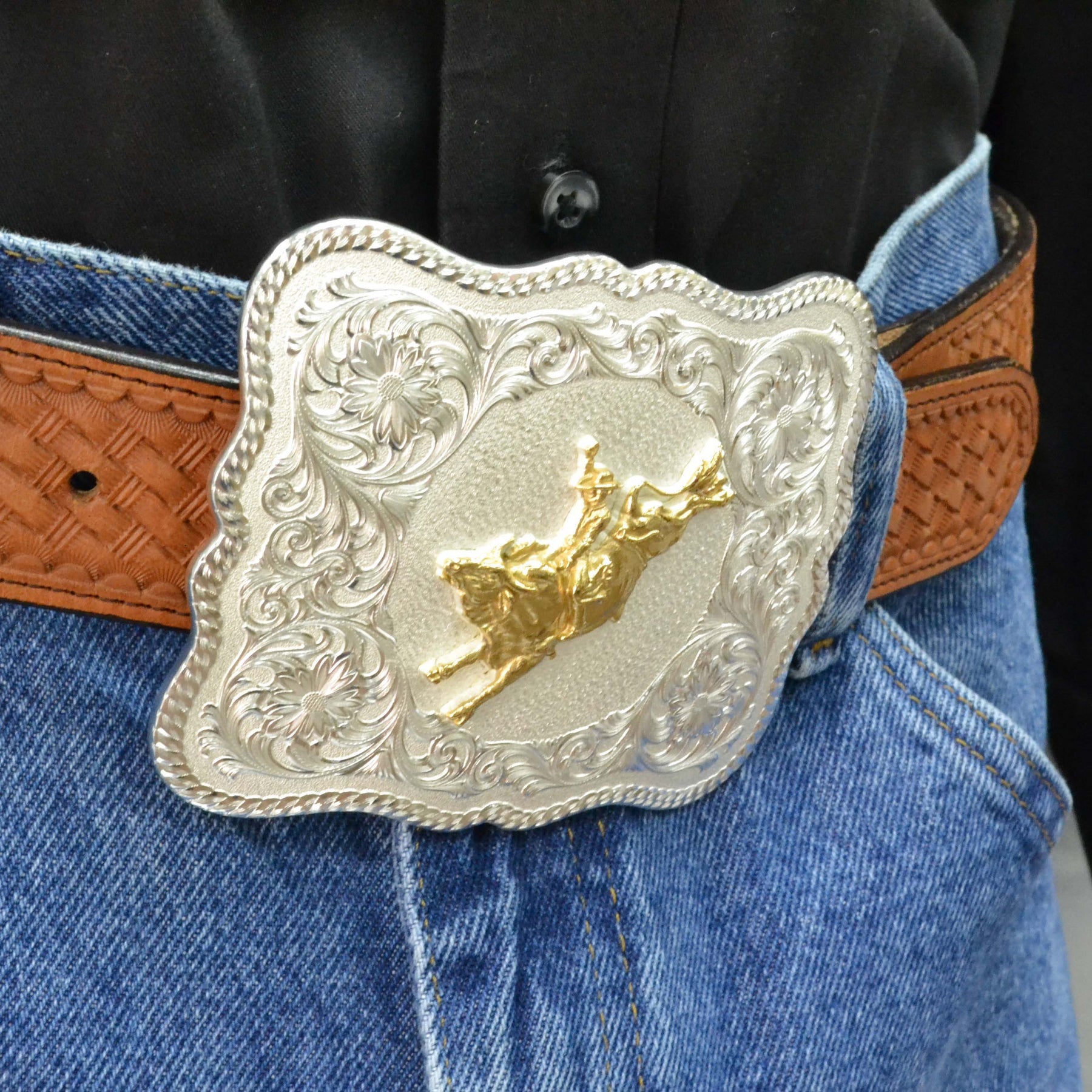 Initial Silver Engraved Gold Trim Western Belt Buckle by Montana