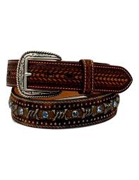 MF Western Ariat Mens Brown Barbed Wire and Calf Hair with Light Blue Studs Western Belt Style A1027202 MENS ACCESSORIES from MF Western