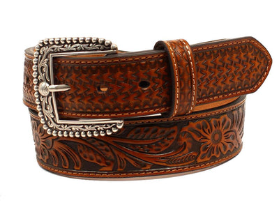MF Western Ariat Western Mens Belt Leather Embossed Floral Weave Tan Style A1028808 MENS ACCESSORIES from MF Western