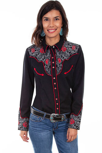 Scully Womens Western Apparel Red Roses Interspersed Black Shirt Style PL-881- Premium Ladies Shirts from Scully Shop now at HAYLOFT WESTERN WEARfor Cowboy Boots, Cowboy Hats and Western Apparel