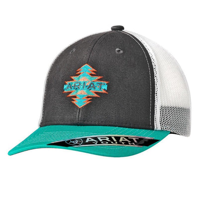 MF Western Ariat Youth Baseball Cap Aztec Mesh Back Logo Charcoal Turq Style 1519006 Boys Hats from MF Western