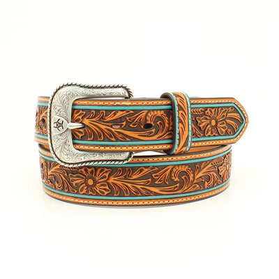 MF Western Ariat Belt Mens Floral Embossed Shield Tan Style A1027808- Premium MENS ACCESSORIES from MF Western Shop now at HAYLOFT WESTERN WEARfor Cowboy Boots, Cowboy Hats and Western Apparel