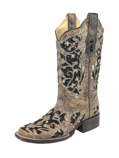 CORRAL WOMENS BLACK SEQUIN INLAY SQUARE TOE WESTERN BOOTS STYLE A3648- Premium Ladies Boots from Corral Boots Shop now at HAYLOFT WESTERN WEARfor Cowboy Boots, Cowboy Hats and Western Apparel