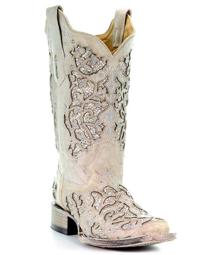 Corral White Glitter Inlay and Crystals Square Toe Style A3397 Ladies Boots from Corral Boots