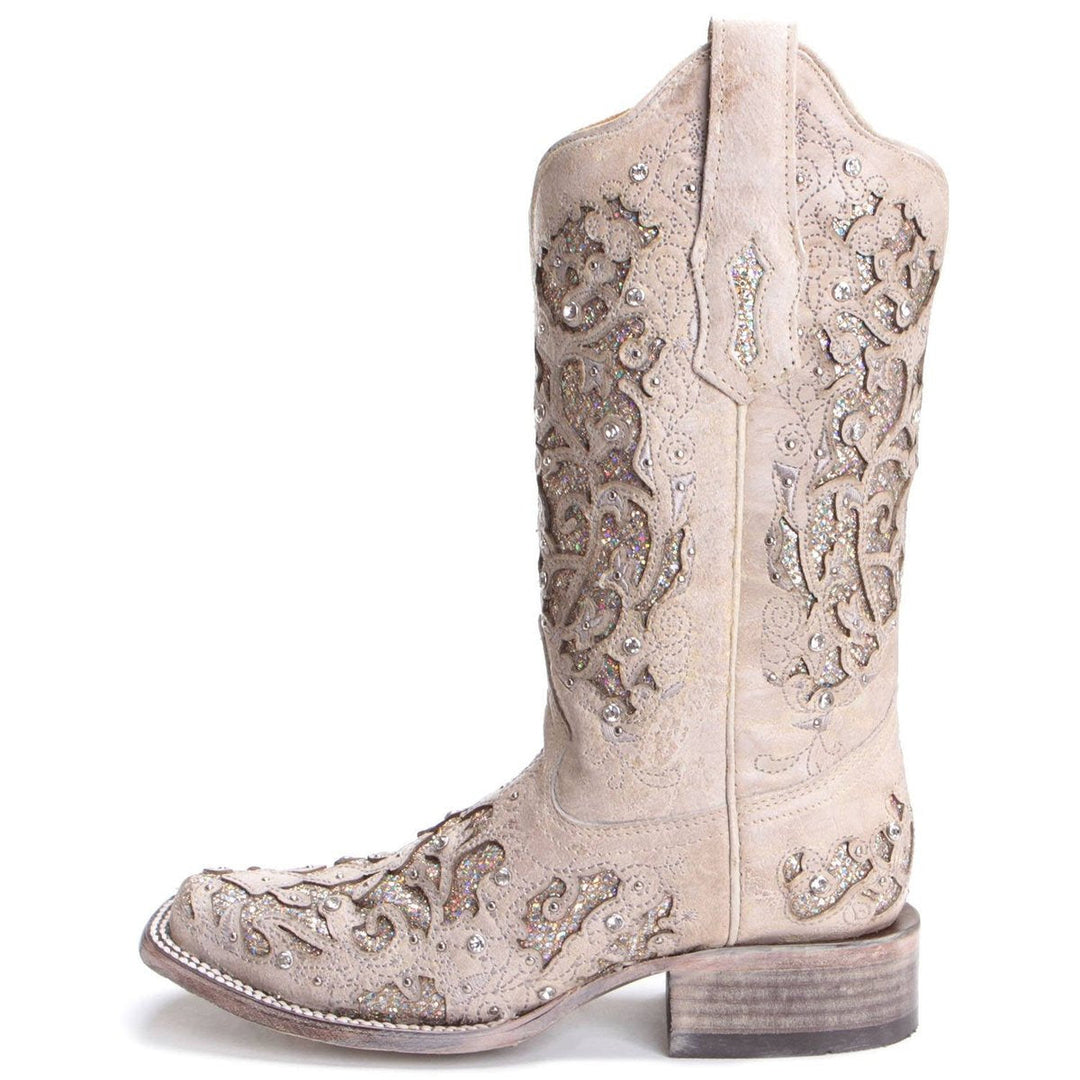 Edge-cクローン BOOWY Corral White Glitter Inlay and Crystals Square Toe Style A3397