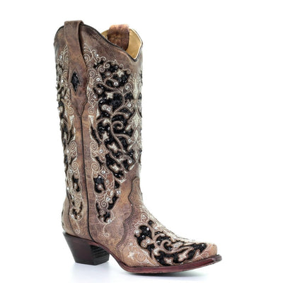 Corral Brown Black Inlay Floral Embroidery Studs and Crystals Style A3569- Premium Ladies Boots from Corral Boots Shop now at HAYLOFT WESTERN WEARfor Cowboy Boots, Cowboy Hats and Western Apparel