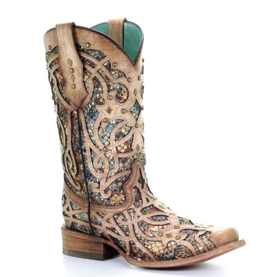 Corral Ladies Bone & Multicolor Inlay & Studs Square Toe Boots Style C3405- Premium Ladies Boots from Corral Boots Shop now at HAYLOFT WESTERN WEARfor Cowboy Boots, Cowboy Hats and Western Apparel