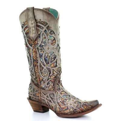 Corral Taupe Inlay and Studs Snip Toe Style C3409 Ladies Boots from Corral Boots