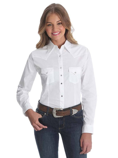 Wrangler Ladies Western White Long Sleeve Solid Shirt Style LW1001W- Premium Ladies Shirts from Wrangler Shop now at HAYLOFT WESTERN WEARfor Cowboy Boots, Cowboy Hats and Western Apparel
